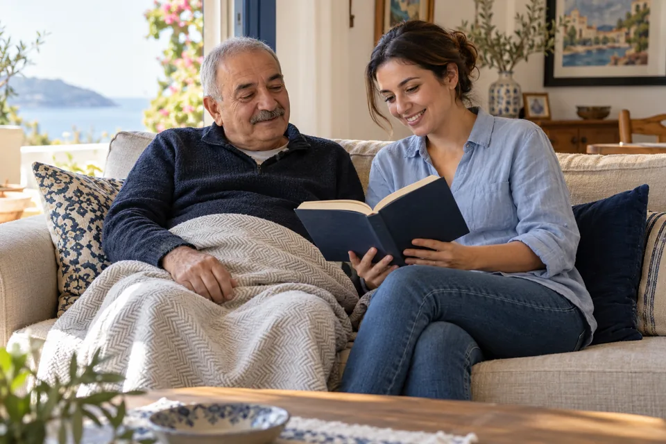 Evde dinlenen bir yetişkinle birlikte kitap okuyan refakatçi